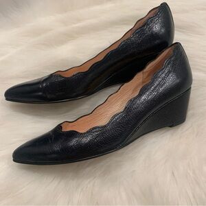 French Sole FS/NY Woman’s Scalloped Terrazzo 2 Navy Leather Wedge Shoe S…